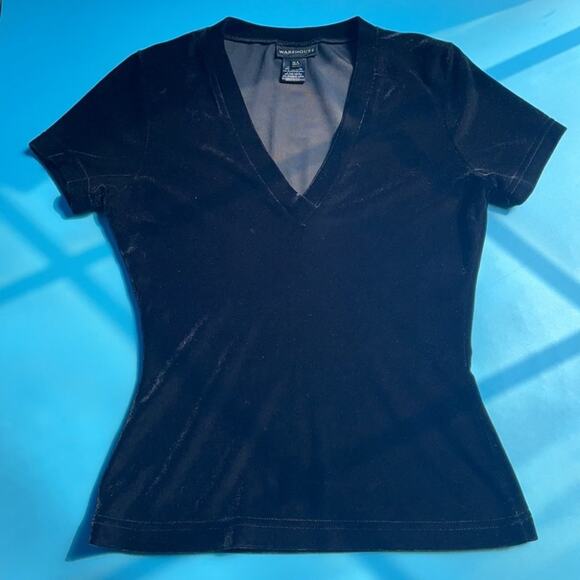 Warehouse Women’s Black Velour Velvet V-Neck Short Sleeve Pullover Shirt Size 4 - Picture 1 of 4